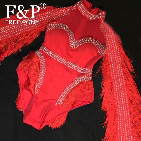

drag queen costumes red fringe jumpsuit rhinestone bodysuit dancer costumes women outfit diamonds bodysuit birthday party wear, Black;red