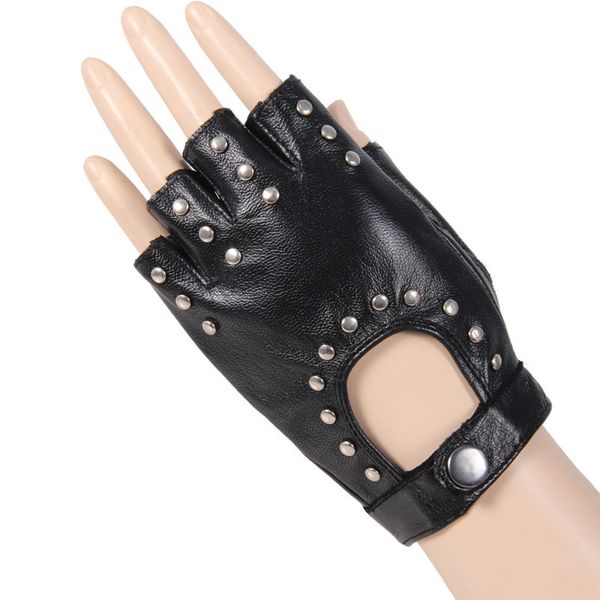 

yang zhi yuan -summer women thin leather gloves half finger gloves summer dance short cropped punk studded finger leather glove, Blue;gray