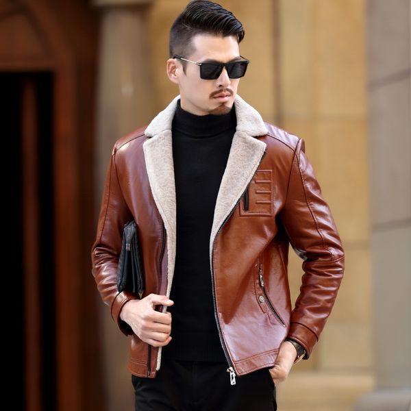

8988 new fashion sheepskin genuine leather coat winter lamb fur coat men winter clothing male leather jacket, Black;brown