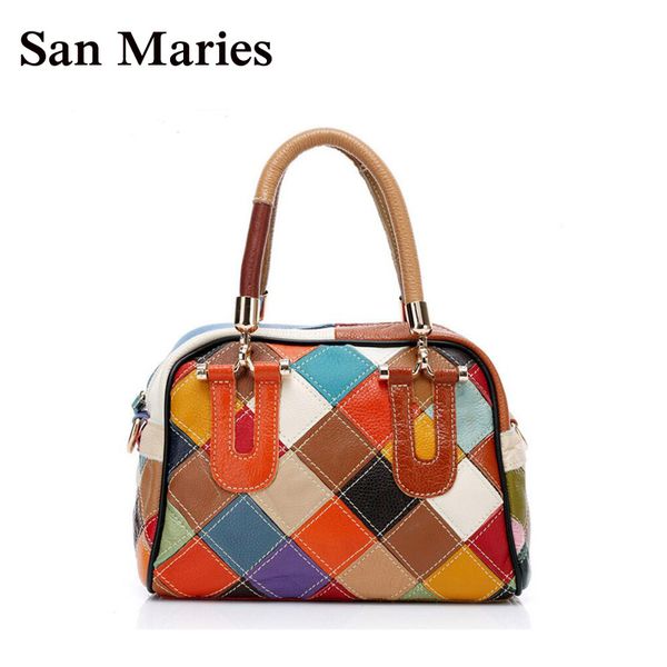 

genuine leather multi-color patchwork women lady fashion shoulder tote bag small handbags