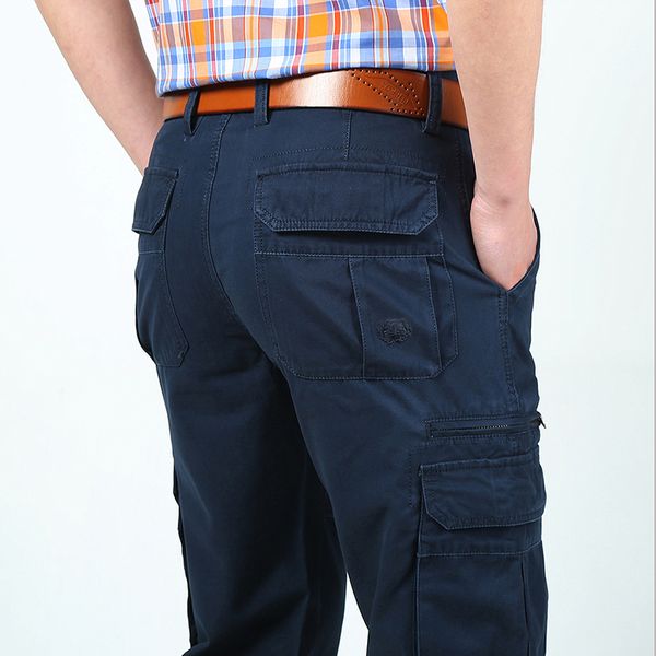 

ji pu 100% cotton man's cargo pant, solid many pockets mid waist loose motorcycle full length trousers,thing pockets pants 6666, Black