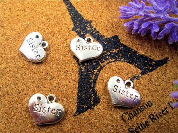 

60pcs-sister charms,antique silver 2 sided vintage letters sister sign love hearts charm pendants,hearts,heart pendants 13x16mm, Bronze;silver