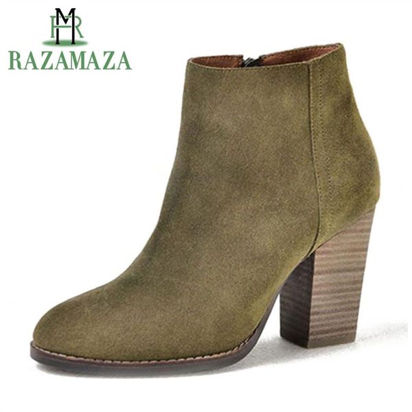 

razamaza genuine leather women's ankle boots fashion zipper green shoes women new spring thick high heels boots size 34-39, Black