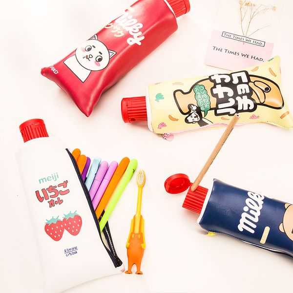 

korea cute cartoon creative toothpaste shape pencil bag with pencil sharpener personality large capacity storage stationery bag
