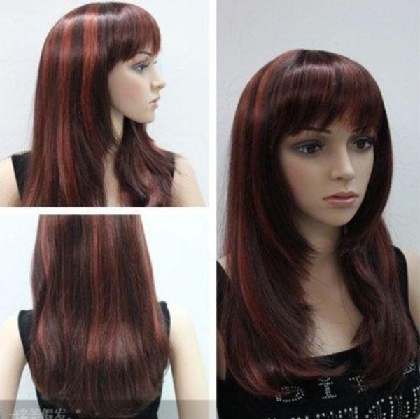 

new long red brown & copper red mix straight full wig, Black
