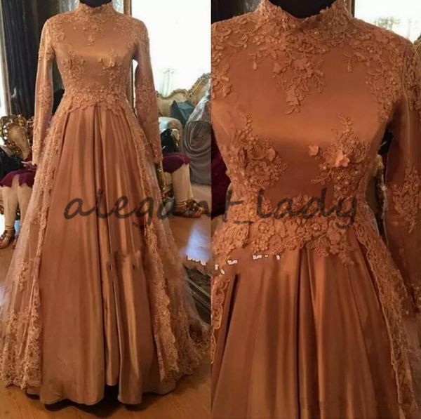 

2018 vintage arabic muslim high neck evening dresses long sleeves lace beaded appliques floor length prom gowns custom made, Black;red