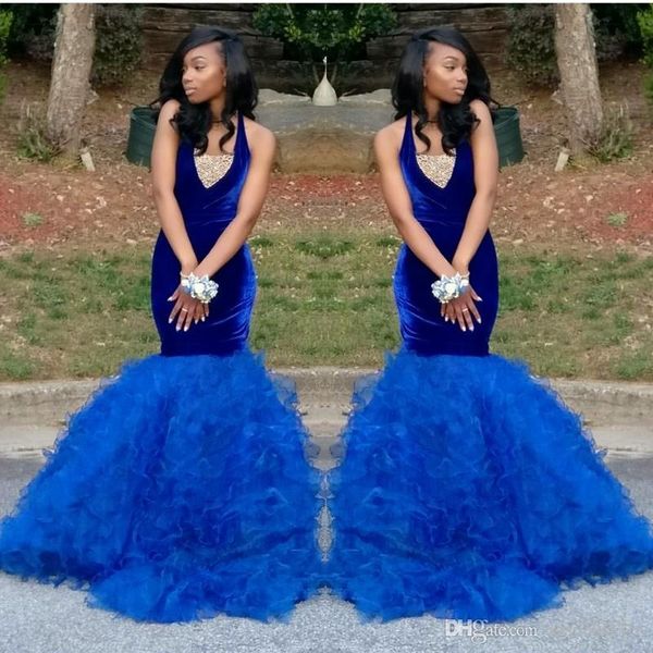 

tulle beaded velvet halter beaded blue mermaid ruffled evening gown vestidos de noche largos elegantes de fiesta, Black;red