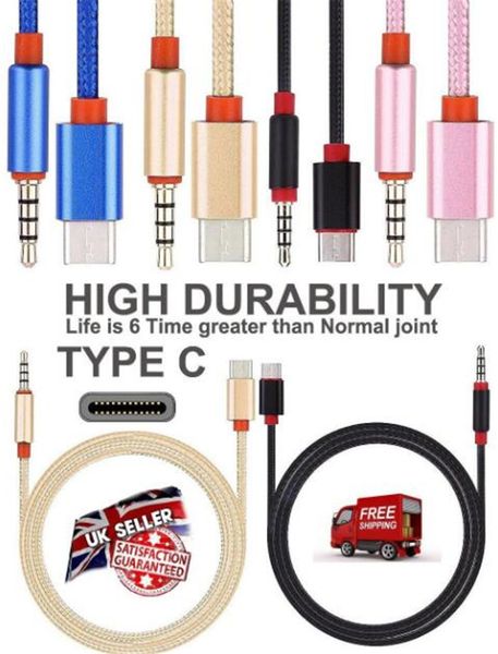 

1m type c connector to 3 5mm earphone headphone jack adapter nylon cable tereo car aux audio cable for type c