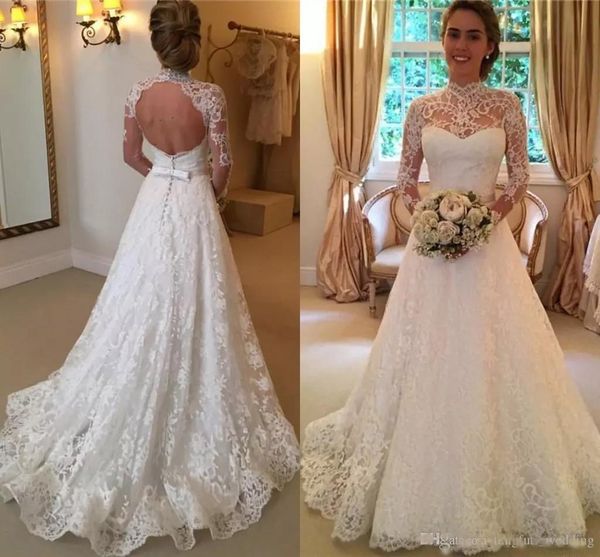

Vintage Lace Wedding Dresses 2019 Cheap High Neck Illusion Sleeved Open Back Aline Wedding Gowns Chapel Bridal Dresses