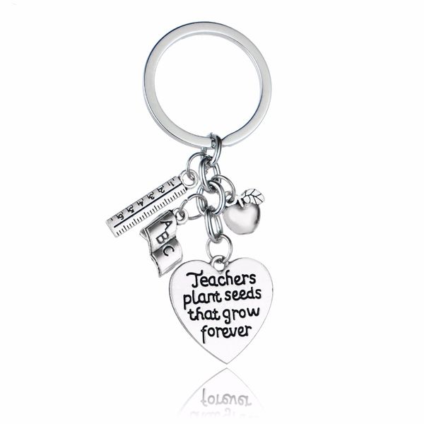

abc book ruler apple charm keychain 'teachers plated seeds that grow forever' heart engraved key chains teachers gift keyring, Silver