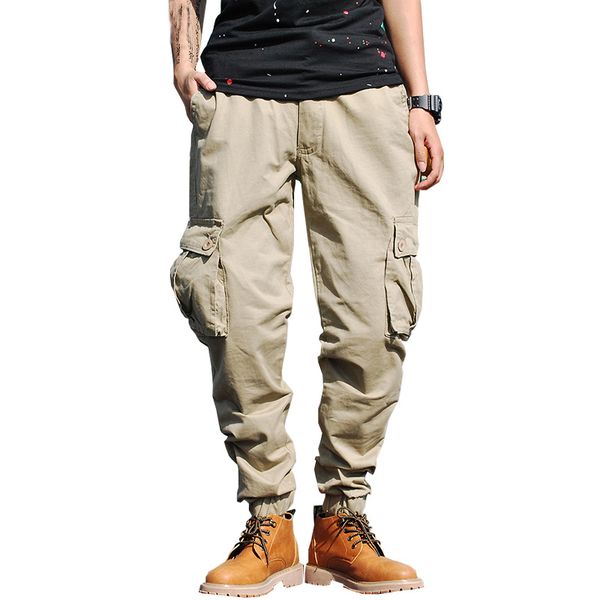 

2018 new arrivals fashion men cargo pants combat trousers army overalls ealsic waist sweatpants axp107, Black