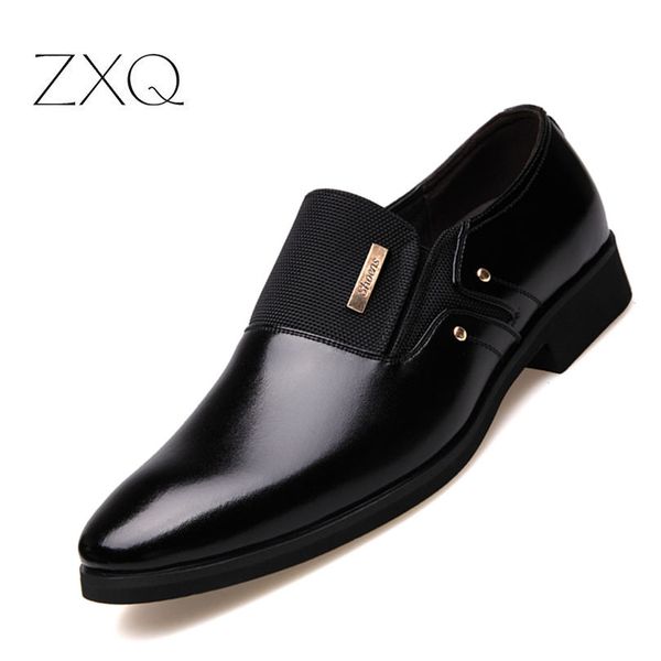 

2018 new fashion slip on leather pointed toe men dress shoes business wedding oxfords formal shoes for male big size 38-47, Black