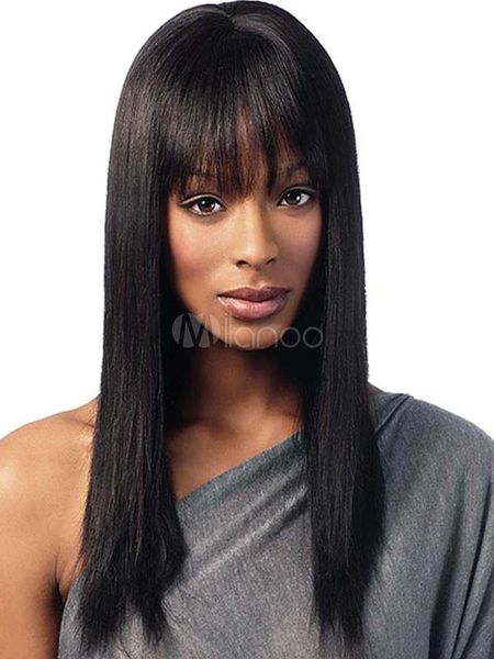 

100% human hair black long straight blunt fringe women human hair wig, Black;brown