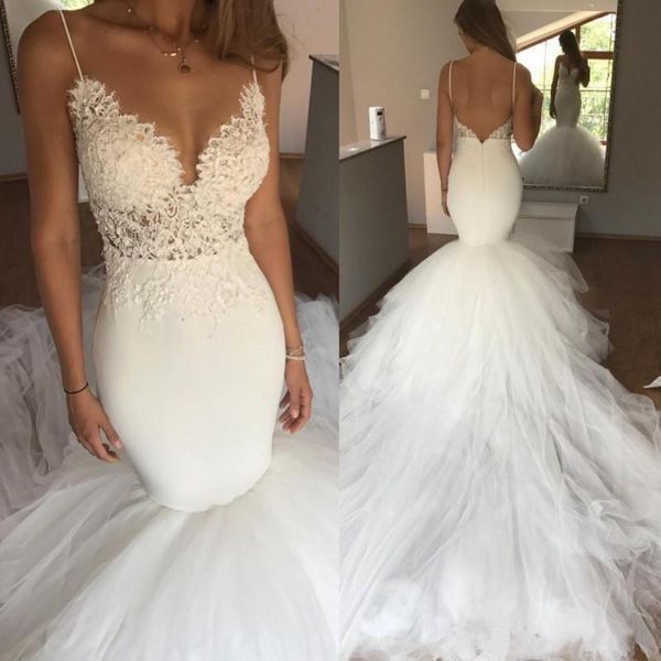 

boho lace mermaid wedding dresses spaghetti backless wedding gowns sweep train soft tulle custom made bridal dress, White