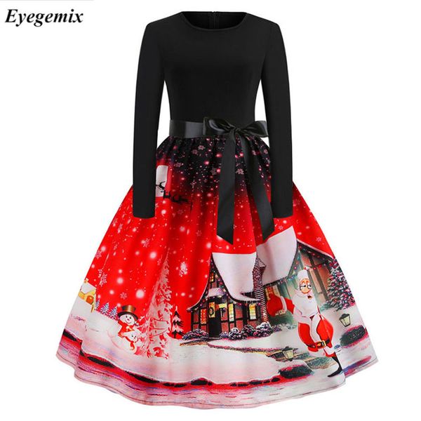

vintage print christmas dresses women fashion 50s 60s long sleeve party swing dress ladies plus size elegant clothes robe femme, Black;gray