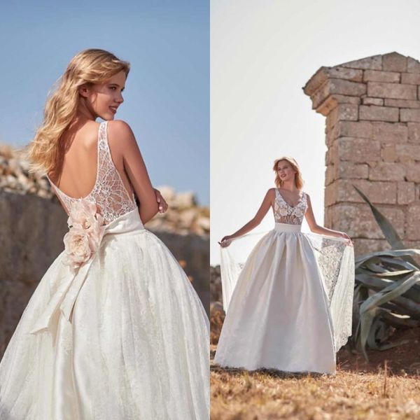 

2020 lace wedding dresses appliques 2 pieces a-line bridal gowns sleeveless backless chapel sweep train wedding dress robe de mariage, White