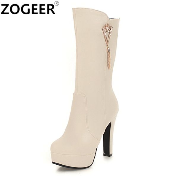 

plus size 45 winter autumn women boots knight black white mid-calf boots high heels platform zipper luxury crystal ladies shoes