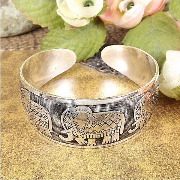 

party wide opening bangle women carved elephant bracelet silver tone totem bangle, Black