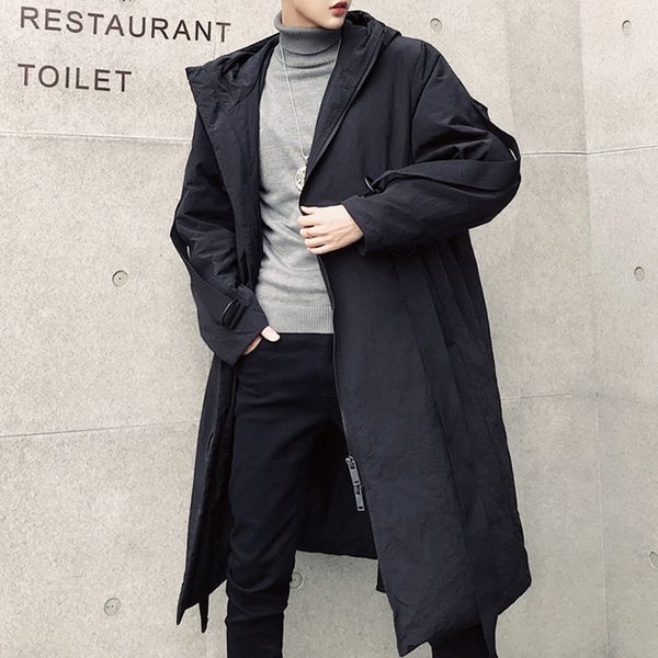 

streetwear hip hop male ribbon hooded overcoat warm cotton coat men winter thicken long loose casual parkas jacket men clothing, Black