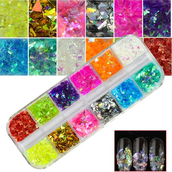 

1 set nail glitter 12 candy color mixed ice mylar shell foils nail art flakes manicure nails tips decorations 3d designs chbgz, Silver;gold