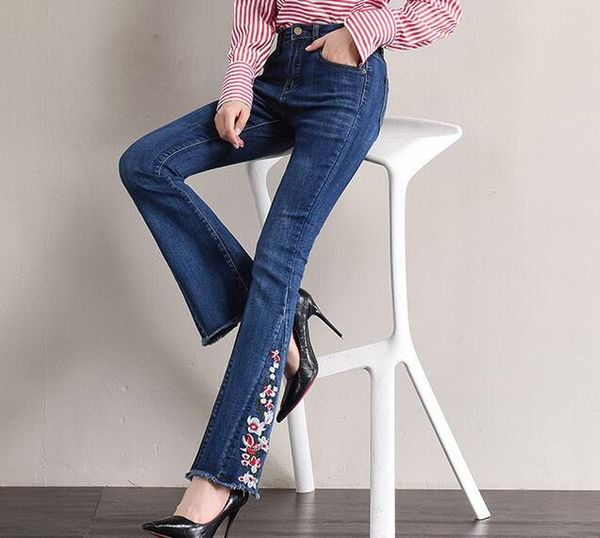 

new fashion autumn spring embroidery flare pants women denim jeans casual cotton blend blue high waist capris female yqy0812