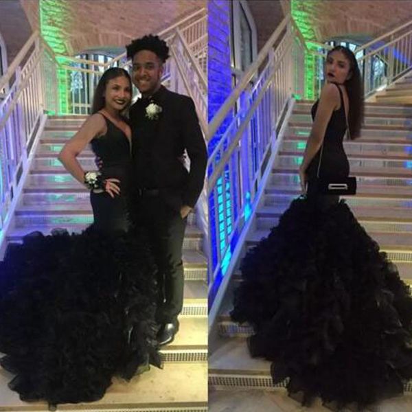 

black prom dresses long formal party gowns plunging deep v neck sleeveless ruffles skirt evening dress high quality