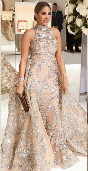 

2019 bling ball gown prom dresses high neck silver sequins appliques champagne evening gowns with detachable overskirt real pageant dresses, Black;red