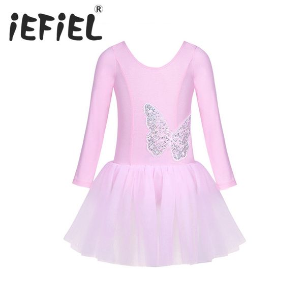 

iefiel girls cotton tulle long sleeves sequined butterfly ballet dance gymnastics leotard tutu dress children performance dress, Black;red