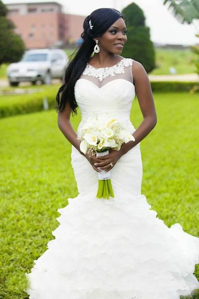 

2019 mermaid sheer garden wedding dresses vestidos de novia scoop neckline applique ruffled organza arabic bridal gowns custom made new w900, White