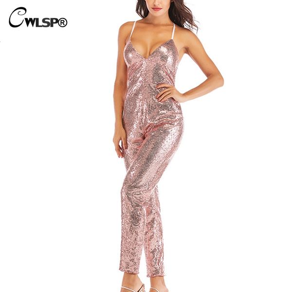 

cwlsp shine sequin jumpsuits backless overalls for women strap v neck jumpsuit cross full length ropa mujer verano ql4137, Black;white