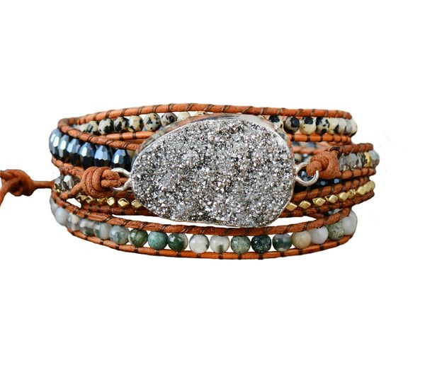 

women bracelets unique natural stones rhinestones gilded druzy charm 5 layers leather wrap bracelets boho bracelet dropship, Golden;silver