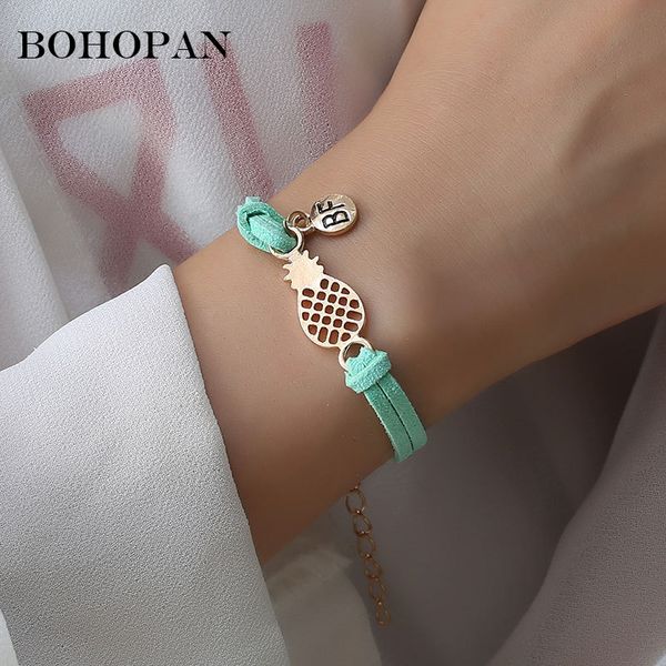 

gold color pineapple bracelet for women 7 color leather chain handmade fashion jewelry adjustable size gift bangles men pulseras, Black