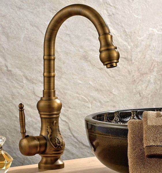 

vintage antique brass single handle kitchen sink swivel spout faucet mixer tap csf001