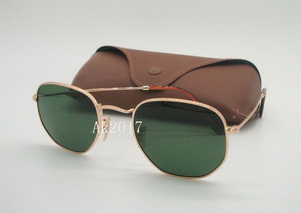 

personality mens case come sunglasses irregular 1pair metal glasses hexagonal frame green glass sun 51mm lenses with brown trxr