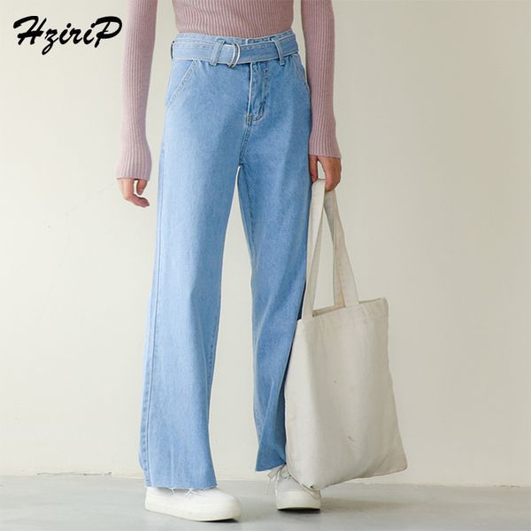 

hzirip autumn washed high waist jeans female 2017 casual loose light blue wide leg full length cowboys woman with belt fashion