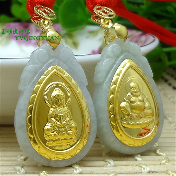 

new gold inlaid jade emerald pendant guanyin buddha jade pendant couple, Silver