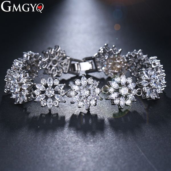 

gmgyq fashion luxury flower chain link bracelet for women ladies shining cubic zircon crystal jewelry gift accessories, White