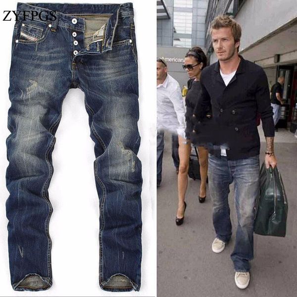 

zyfpgs 2018 new men jeans brand frazzle ripped blue jeans homme masculino men's straight jean skinny for male pants 1019