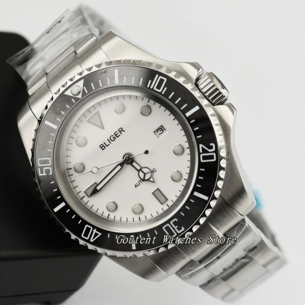 

43mm bliger date ceramic bezel white dial ss. case automatic men's watch, Slivery;brown