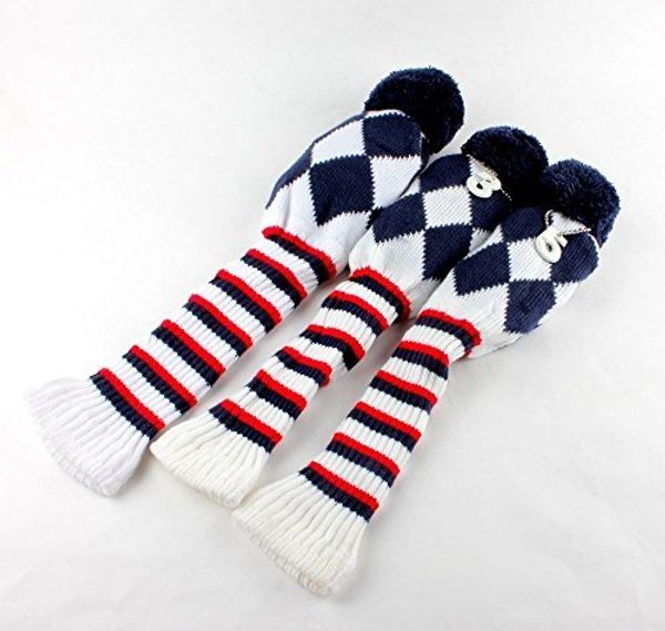 

golf club knit 3pcs headcover set vintange pom pom sock covers 1/-3