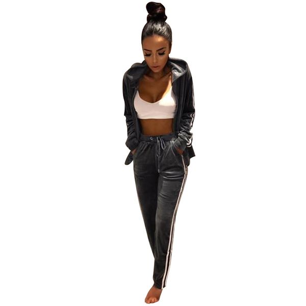 

new women casual two piece outfits hooded long sleeve patchwork velvet zipper coat and long slim pants set tracksuits, Gray