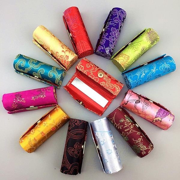 Chinesische Brokat-Stickerei-Lippenstift-Etui mit Spiegel, Mini-Kosmetik-Lippenstift-Box, kleiner Geschenkhalter für 1 Stück