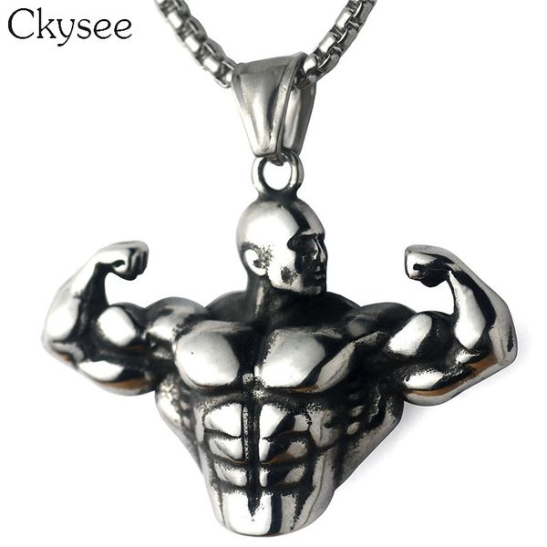 

ckysee hip hop strong pendant necklaces long stainless steel chain muscle sports gym fitness pendant necklaces for men jewelry, Silver