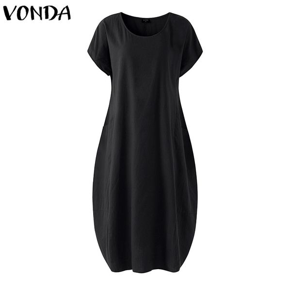 

vonda women dress 2018 summer cotton shirt dresses solid casual loose sleeveless o neck female vestido plus size -5xl, White;black