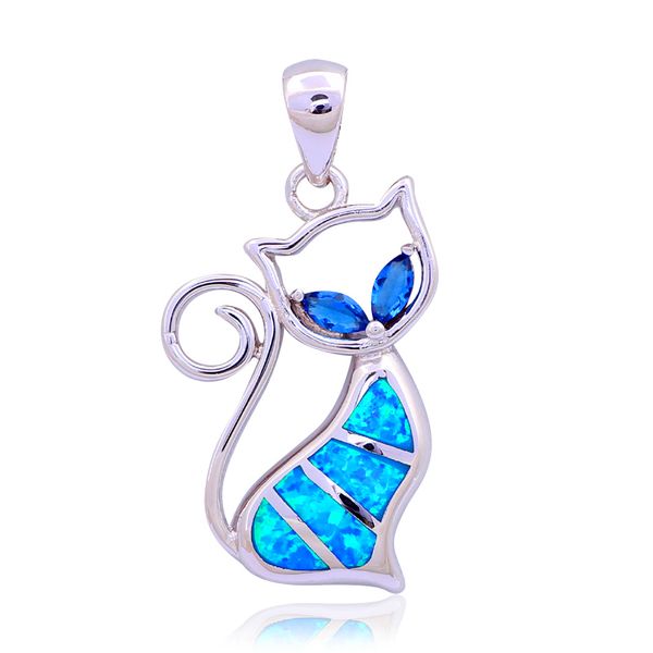 

elling wholesale retail lady's cat blue fire opal fashion jewelry stamped silver necklace pendants op448a, Black