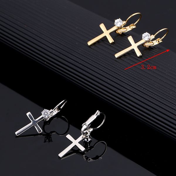 

stainless steel cross dangle earrings with cz inlaid, Golden