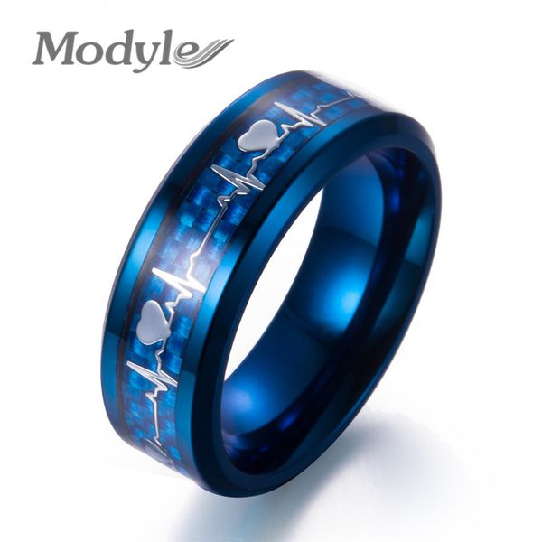 

modyle 2018 new fashion black carbon fiber punk jewelry stainless steel heartbeat wedding ring for men women, Golden;silver