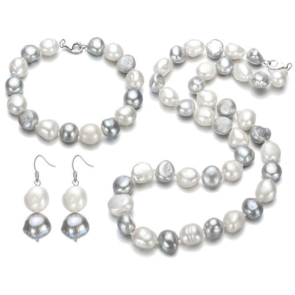 

snh 11-12mm big size mixed color baroque pearl set natural freshwater pearl sets jewelry 925 sterling silver clasp ing, Black