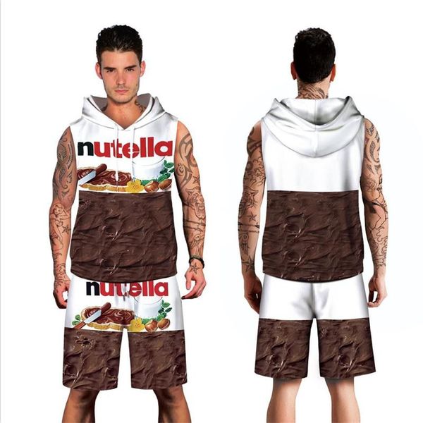 

new 2 piece set brown chocolate sportwear suits men shorts sweatshirt funny print hooded + shorts 3d tracksuit, White;black