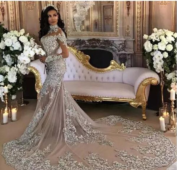 Dubai árabe luxo sparkly 2018 vestidos de casamento sexy bling frisado laço applique alta garganta ilusão de mangas compridas Mermaid capela vestidos nupciais